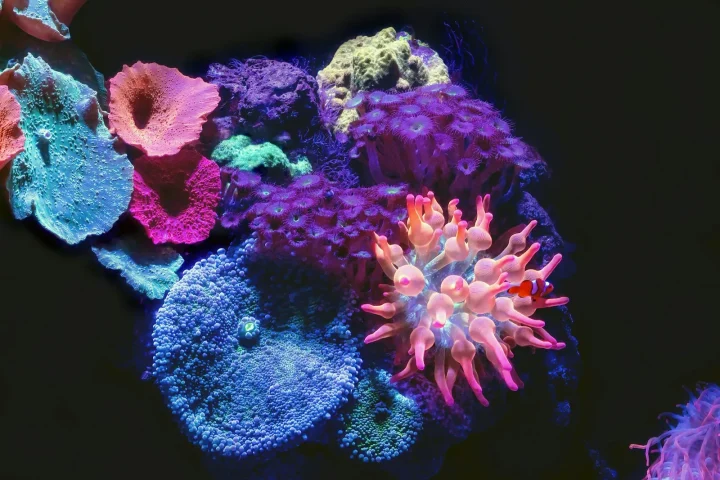 Assorted colourful corals photographed against a dark background